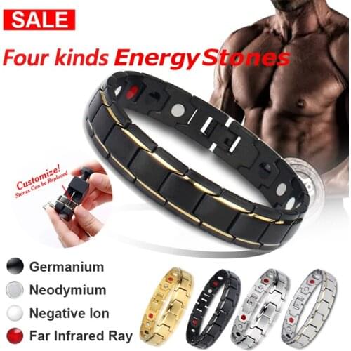 Men Women Magnetic Health Bracelet Black Titanium Steel Power Therapy 4in1 Magnets Negative Ions Germanium Bangles Wholesale