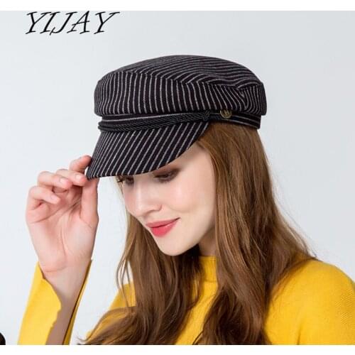Fashion Solid Visor Military Hat Autumn And Winter Vintage Wool Patchwork Beret Cap For Women England Style Flat Striped Cap