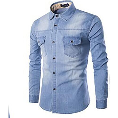 New Arrival Mens Denim Shirt 90% Cotton Solid Lapel Long Sleeve Casual Washed Cardigan Slim Autumn Shirt Pocket M-6XL