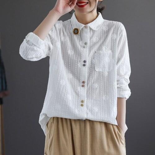 NINI WONDERLAND Autumn 2021 Cotton Flower Embroidery Vintage Shirt Women Loose Color Button Long Sleeve Casual Tops White Blouse