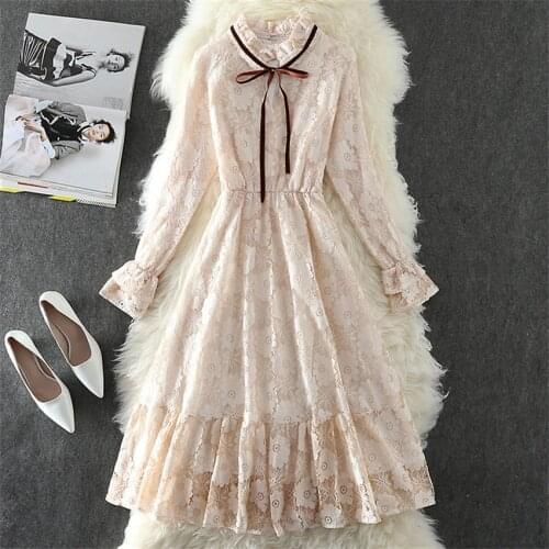 New Autumn Dress Women Long Sleeve Bow Tie Lace Dress Big Size Dress Elegant Lady Long Party Dressess Vestidos Bottomings WZ1065