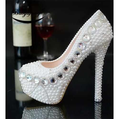 Bao yafang 2019 New arrival Womens wedding shoes white pearl round toe Bridal party dress shoes Woman High heels platform shoe