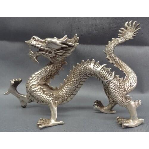 Wholesale factory 12" Chinese Silver Zodiac Myth Beast Figurine Wealth Fly Dragon Brass Statue