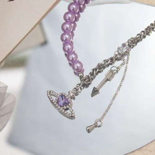 2021 New Arrival Trend Planet Purple Pearl Stitching Necklace For Women Fashion Sweet Jewelry Girl Gift