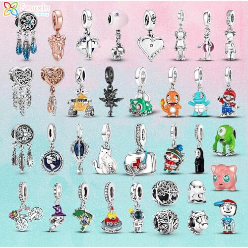 Smuxin 925 Sterling Silver Bead Heart Feathers Dreamcatcher Traditional Rickshaw Charms fit Original Pandora Bracelets Girl Gift