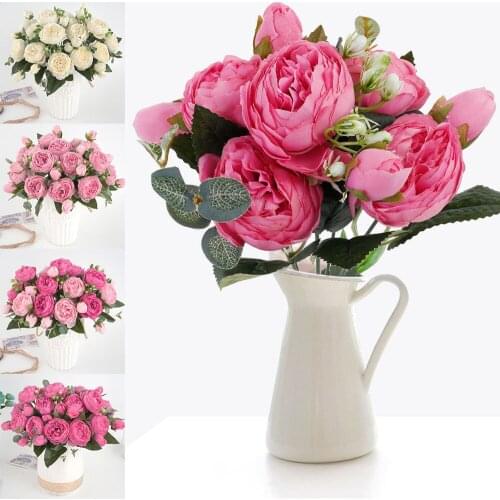 30cm Rose Pink Silk Peony Artificial Flowers Bouquet 5 Big Head and 4 Bud Cheap Fake Flowers for Home Wedding Decoration indoor