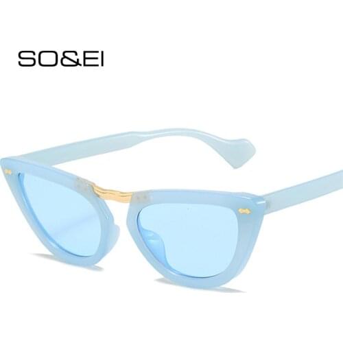 SO&EI Ins Popular Fashion Cat Eyes Women Sunglasses Retro Jelly Color Rivets Decoration Eyewear Men Shades UV400 Sun Glasses