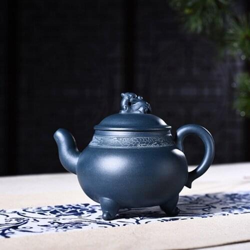 Yixing purple clay pot genuine hand-made famous Wang Fangyuan mine azure mud tripod dragon top pot Kungfu Teapot Tea Set