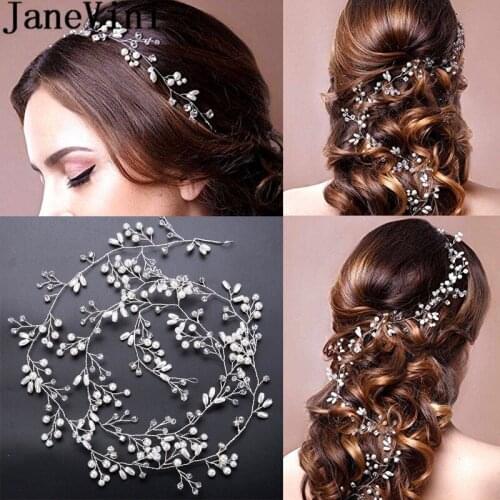 JaneVini Boho Crystal Headband for Women Bride Silver 1M Pearl Gold Bridal Hairbands Wedding Hair Accessories Headpiece Hairwear