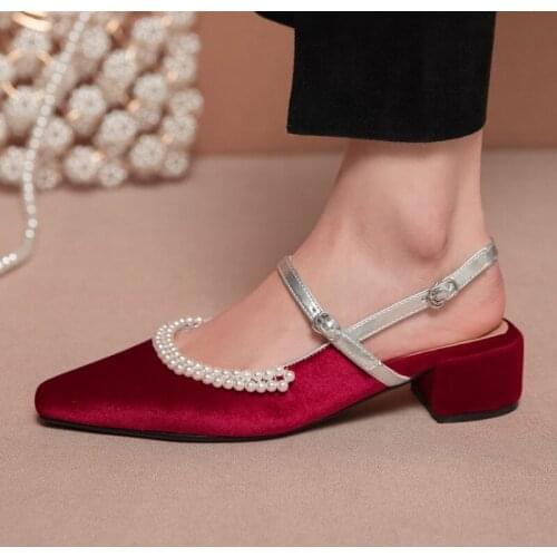 US4-12 Womens Velvet Pearls Pointed Toe Block Heel Slingbacks Mary Janes Retro Pumps Ankle Buckle Black Shoes Plus Size H02