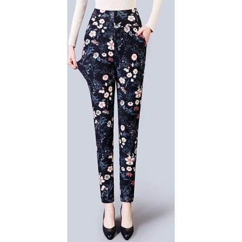 2021 Autumn Winter Women Middle Age Plus Thick Velvet Leggings Female Mom High Elastic Print Flower Trouser Lady Warm Pants K461