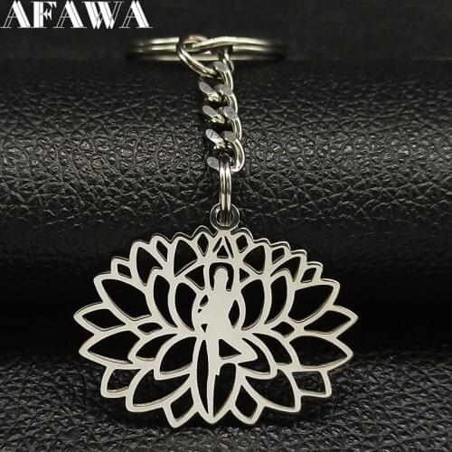 2021 Fashion Yoga Lotus Stainless Steel Key Chain Women Silver Color Flower of Life Keyrings Jewelry llaveros de acero K77453B