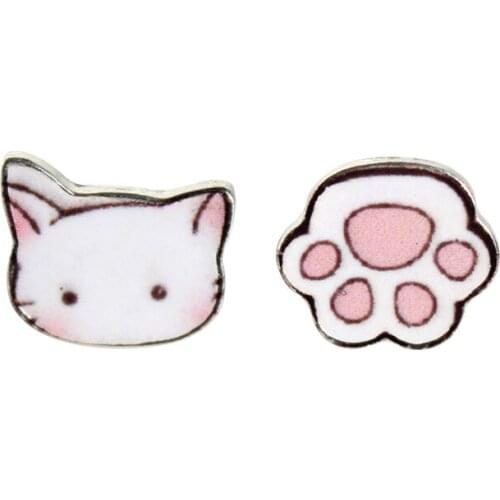 Alloy Mini Asymmetric Cute Pink Cat Head Foot Claws Stud Earrings Lovely Cartoon Kitty Cat Earrings For Women Little Girls Gifts