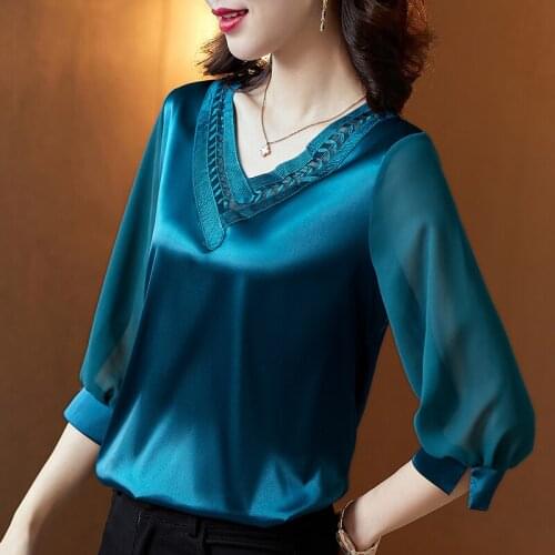 Spring Korean Fashion Silk Women Blouses Satin Office Lady Mesh Three Quarter Blusas Largas Plus Size XXXL/5XL Women Shirts