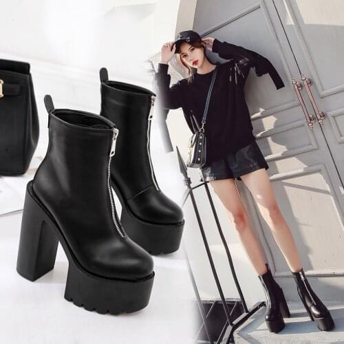 14CM High Heels Boots Women Platform Ankle Botines Zipper Leather Botas Increased Height winter Boots Short Motorcycle Bottes