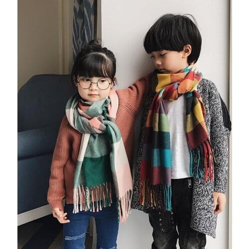 Kids Spring Autumn Thin Long Colorful Plaid Patchwork Cashmere Scarf Shawl for Childrens