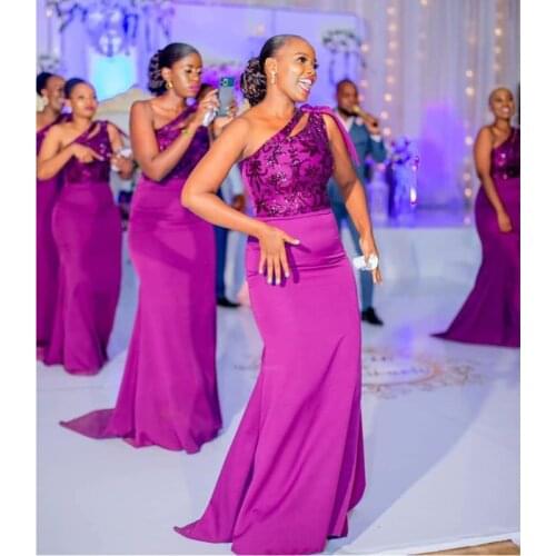 Purple Sparkly Lace Bridesmaid Dresses One Shoulder Mermaid Wedding Party Dress vestidos 2020 African Girls Prom Formal Gown