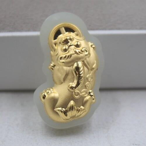 Fine 3D 24K Yellow Gold &Hetian Jade Pendant Dragons Child Pixiu Luck 35X20mm For Women Man