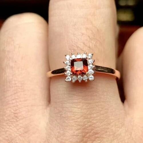 Natural red garnet stone Natural gemstone Ring 925 sterling silver Elegant Simple compact square womens gril party Jewelry
