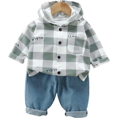 New Spring Baby Girls Cotton Clothes Suit Children Boy Plaid Hooded Jacket Pants 2Pcs/Set Autumn Toddler Costume Kids Sportswear