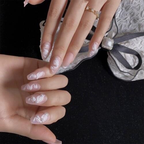 Beautiful False Nails Light Powder French Surface Small Particles Of Pearl Wear Nails Finished Fake Nails Nail Art Patch TN