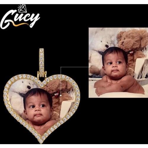 GUCY Heart Custom Made Photo Roundness Solid Back Pendant & Necklace With Tennis Chain Cubic Zircon Mens Hip Hop Jewelry