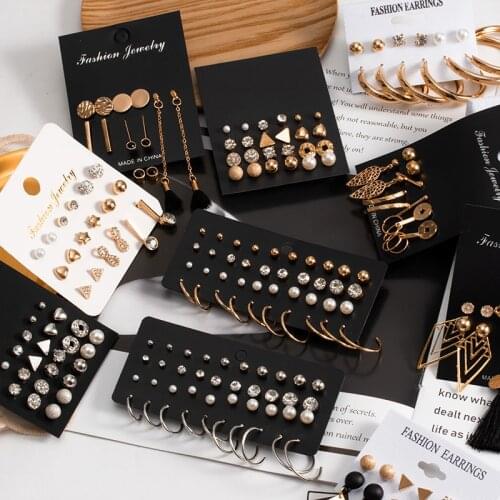 2021 Classic Gold Geometric Stud Earrings for Women Bohemian Fashion Pearl Circle Dangle Drop Earrings Set Female Trend Jewelry