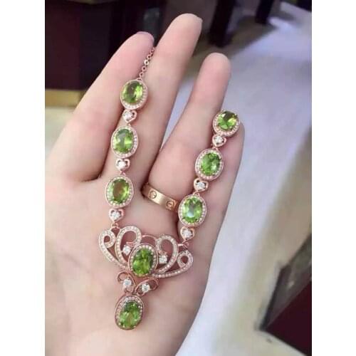 Natural green peridot stone Necklace natural olivine Pendant Necklace S925 silver trendy Elegant Crown women Jewelry