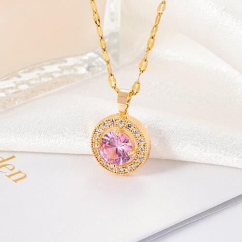 TIMEONLY Delicate Pink Color Rhinestone Coin Pendant Neckalces Bling Crystal Hollow Small Linked Chain Necklace for Women Girls