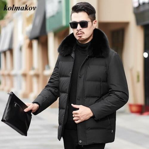 New Arrival Winter Style Men Boutique Warm White Duck Down Coat Business Casual Solid Thick Detachable Fur Collar Mens Coat