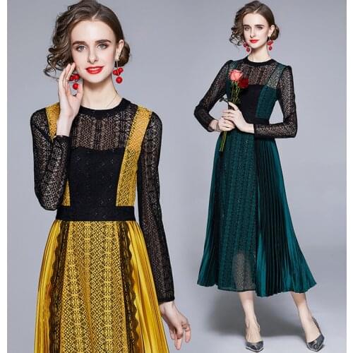 Womens new ladies temperament lace stitching slim slim long-sleeved pleated dress