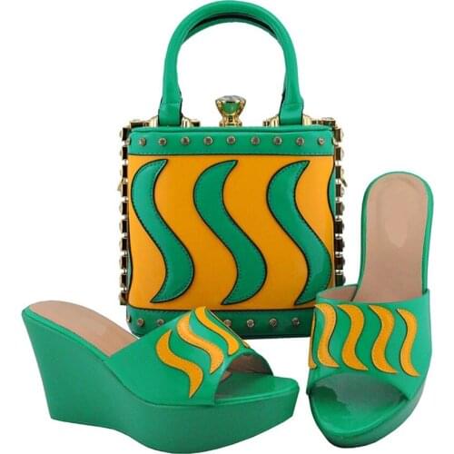 New fashion spring green and yellow women pumps with a big bag set african shoes match handbag for dress MD005,heel 9.5CM