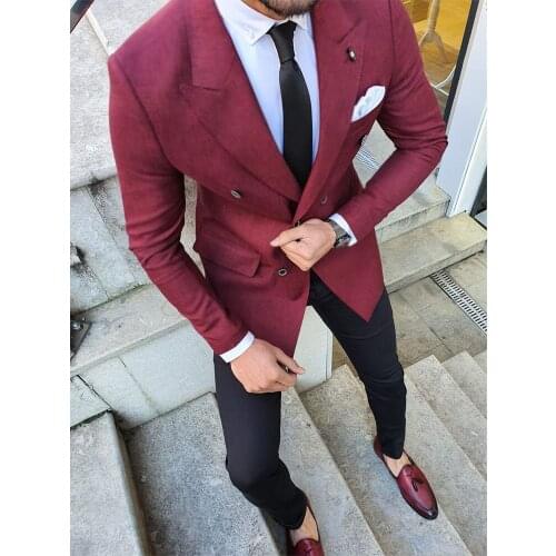 ANNIEBRITNEY Burgundy 2 Piece Slim Fit Men Suit With Black Pants Groom Wedding Tuxedo 2 Piece Prom Wedding Business Men Suit Set