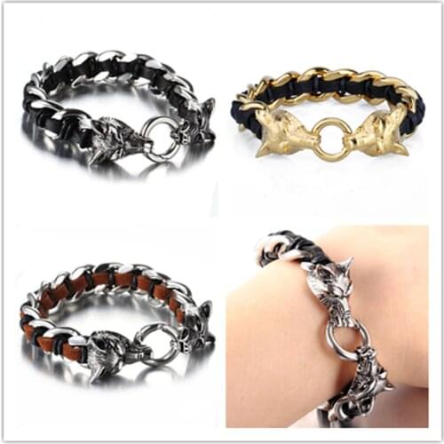 8.66" * 16mm Charming Mens 316L Stainless Steel 3D Wolf Head Cuban Bangle Black Leather Hide Rope Cuban Chain Bracelets Jewelry