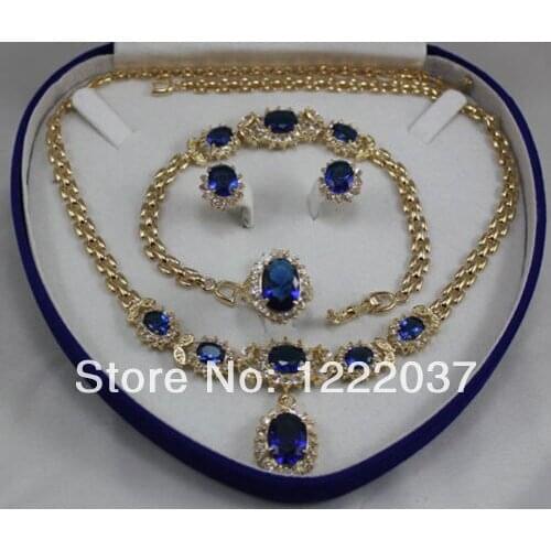 Wholesale Bridal jewelry blue zircon Necklace Earring Ring Bracelet set