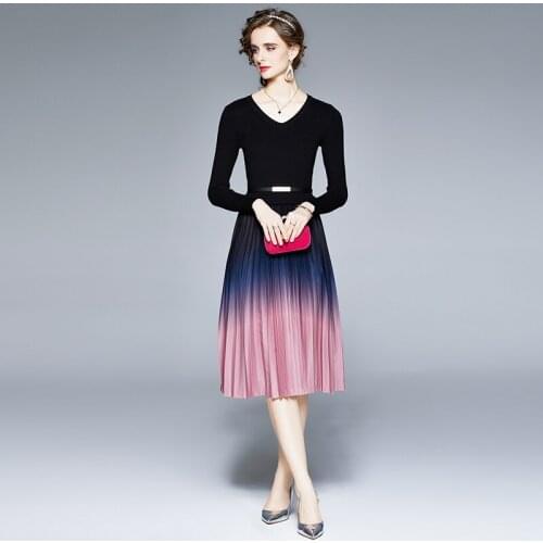 Autumn Winter Elegant Knitted Patchwork Gradient Pleated Dress Women Long Sleeve Office One-Piece Sweater Dress With Belt