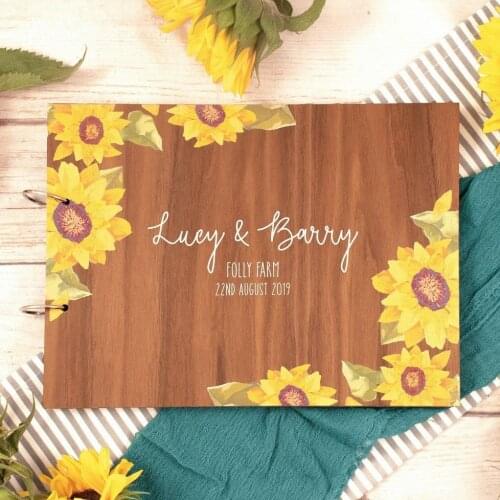 Sunflowers Wedding Wooden Album,Personalized Guest Book Alternative,Yellow Custom Wooden Album,Customized Signed Book,Outdoor