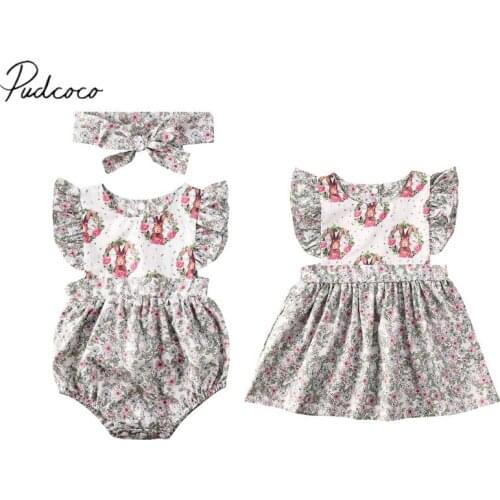 Pudcoco Summer Baby Clothing Newborn Infant Baby Girl Easter Bodysuit Headband /Dress Sleeveless Jumpsuits Floral Bunny Playsuit