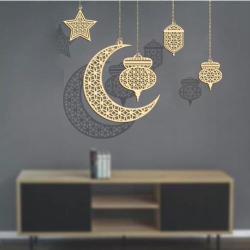 Ramadan Eid Mubarak Wood Craft Moon Wooden Plaque Decorations For Home Hanging Ornament Pendant Islam Muslim Party Supplies