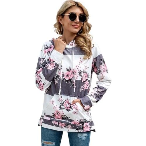 Striped Printed Women Hoodies Long Sleeve Drawstring Pocket Street Wear Fitness Fashion Ladies Sweatshirt