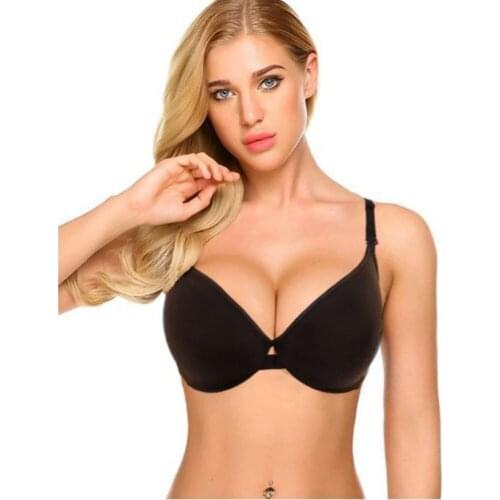 Sexy Deep V Plus Size Women Bra Solid Glossy Adjustable Gather braletta Push Up Padded Underwire Full Cup Soft Nylon J1