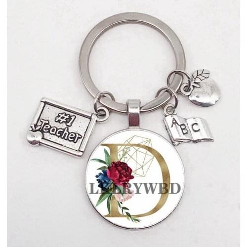 Charm apple drawing board Teachers Day gift keychain, convex glass round A-Z pendant keychain Thank you teacher for the light