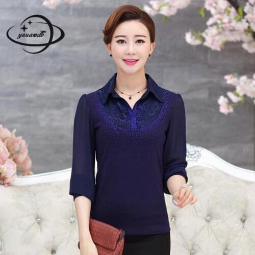 Chiffon Women Polo Shirts Summer L-4xl Female Tops Tees Diamond Long Sleeve Buttons Slim Ladies Clothes Ly59