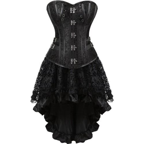 Steampunk Corset Dress Skirt Tops Set Sexy Gothic Leather Sexy Corselet Bustier Pirate Burlesque Vintage Plus Size Brown Black