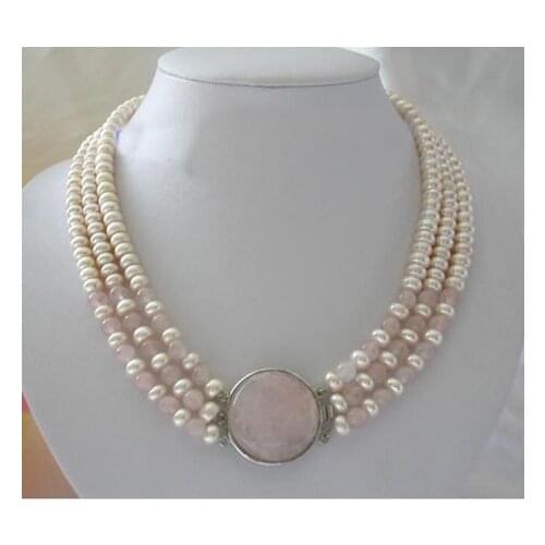 Unique Pearls jewellery Store 3row Pink Jasper White Freshwater Cultured Pearl Necklace Fine Jewelry Women Gift
