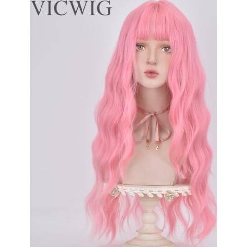 VICWIG Long Water Wave Synthetic Hair Lady Pink Cosplay Wig with Bangs for Women Halloween Wig