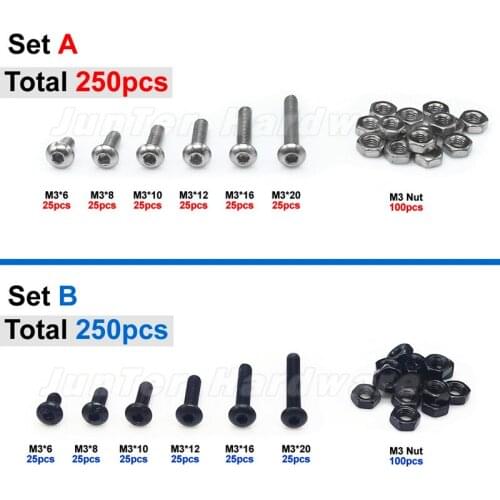 High-quality 250pcs M3 A2 Stainless Steel / Alloy Steel Allen Bolts Button Socket Head Cap Screws With Nuts Set combination
