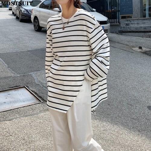 Oversized Striped Women T-shirt Tops 2021 Autumn Full Sleeve O-neck Casual Loose Tees Pullovers Korean Basic All Match T Shirt