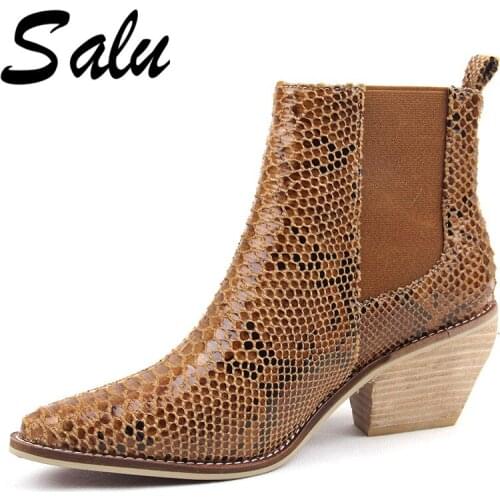 Salu New Ankle Boots Sexy Snake Pu Leather Women Shoes Pointed Toe Thick High Heel Python Embossed Leather Shoes Woman