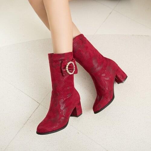 Big Size 11 12 13 14 15 16 17 18 19 Ladies round head thick medium heel casual thermal ankle boot hydraulic drill